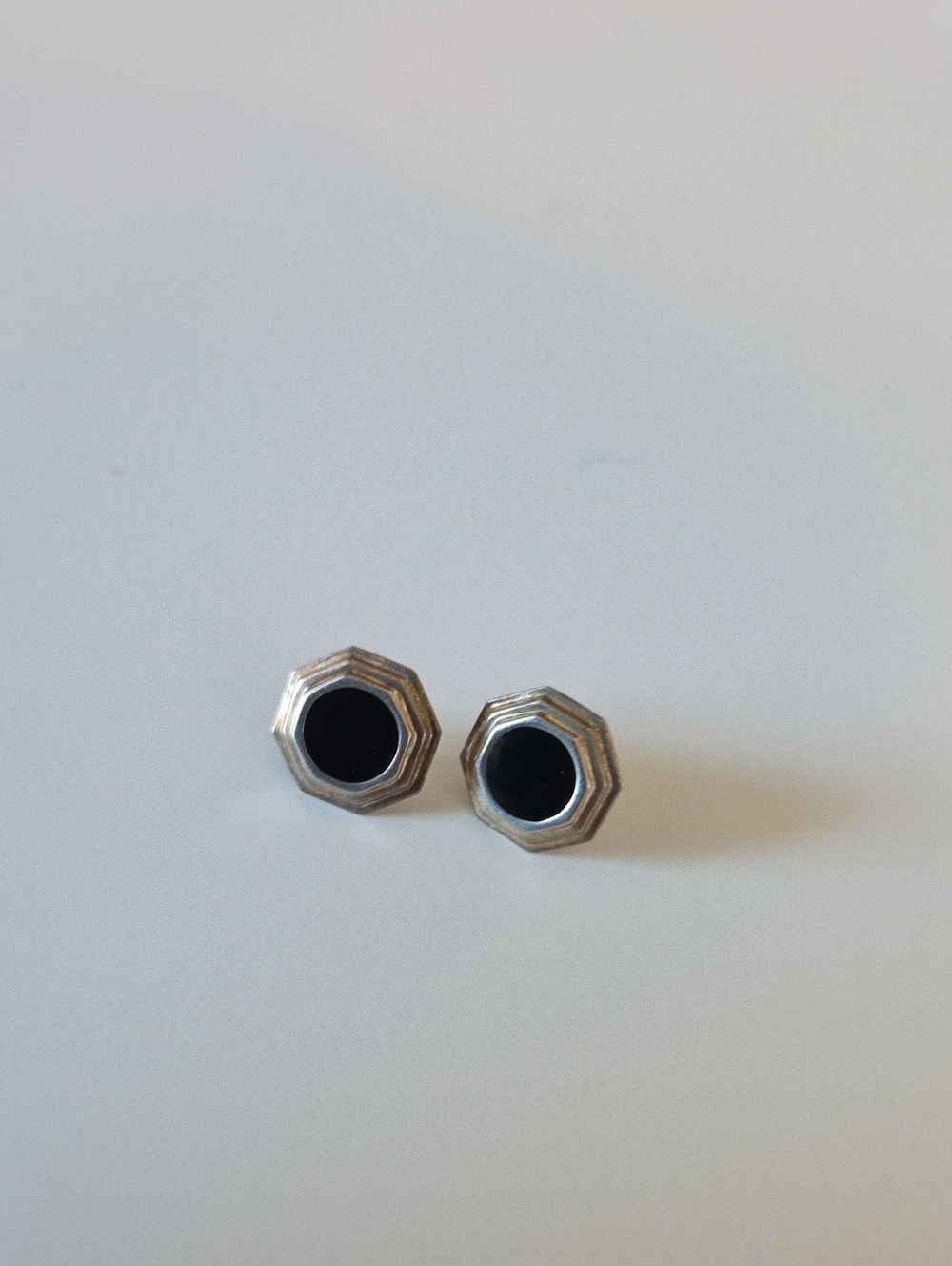 Silver Octagonal Black Inlay Stud Earrings - Classic Women's Jewelry